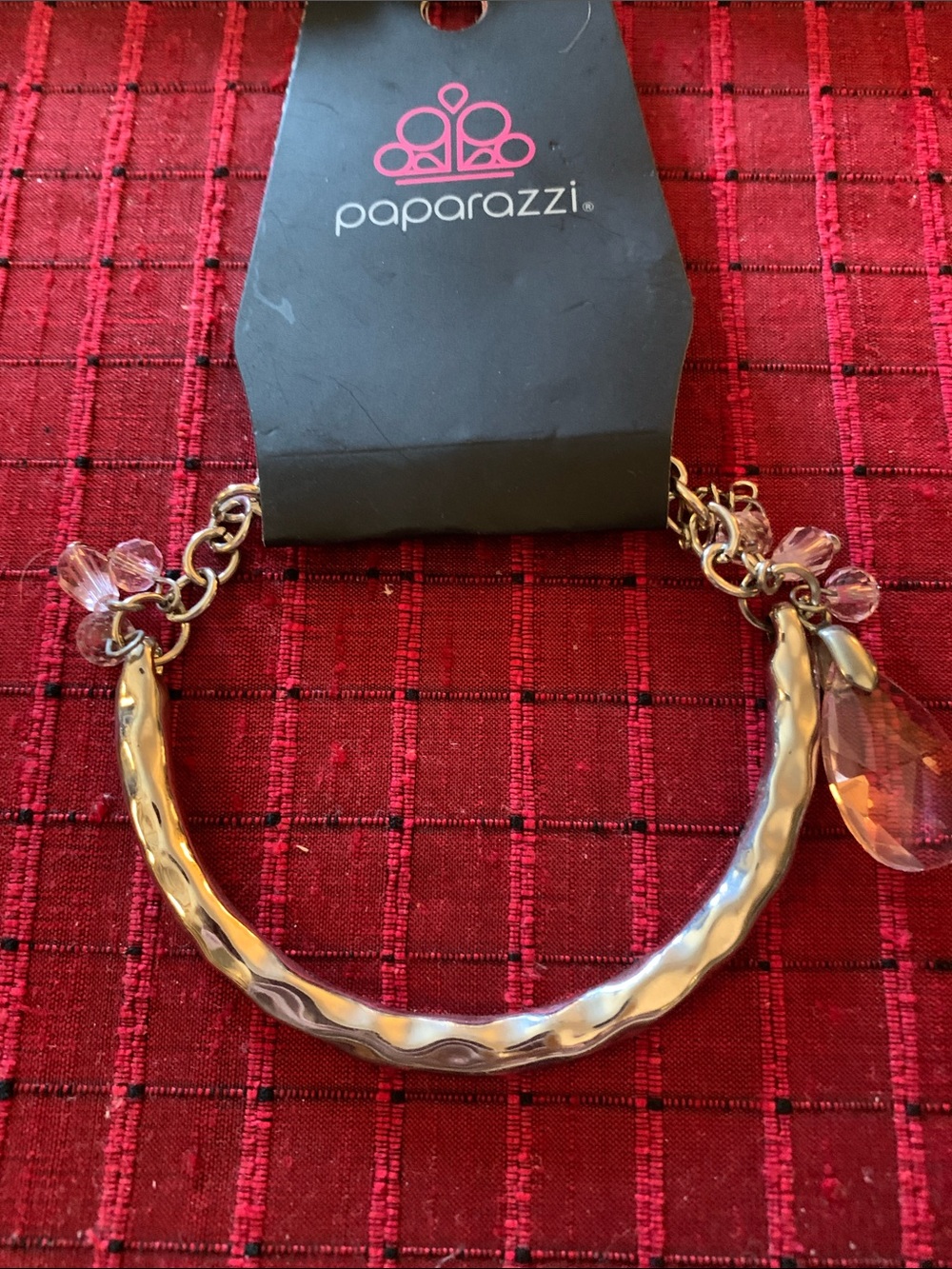 paparazzi Gold Hammered Bracelet with Pink Crystal Dangles